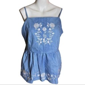 Harper High Neck Tank Top Chambray Embroidered Blue Floral Embroidery Size XL
